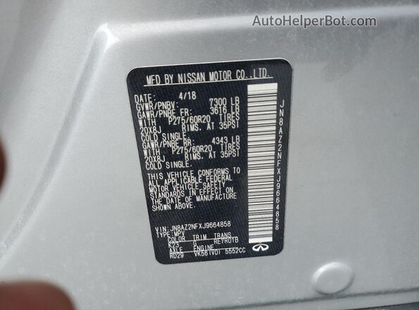JN8AZ2NFXJ9664858 2018 INFINITI QX80 Silver 