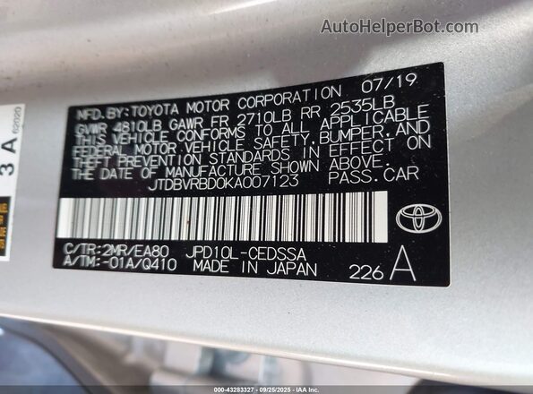 JTDBVRBD0KA007123 2019 TOYOTA MIRAI Silver Շարժիչի բաժամունքի տեսք