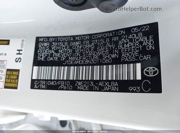 JTDEAMDE8N3011060 2022 TOYOTA LL White Widok komory silnika