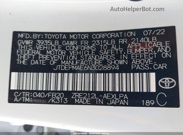 JTDEPMAE6N3028894 2022 TOYOTA LL Белый Вид подкапотного пространства