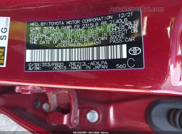 JTDEPMAE8NJ213489 2022 TOYOTA LL Red Вид підкапотного простору