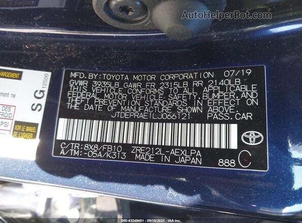JTDEPRAE1LJ066121 2020 TOYOTA LL Blue Widok komory silnika
