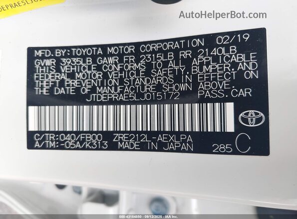 JTDEPRAE5LJ015172 2020 TOYOTA LL White Engine compartment view
