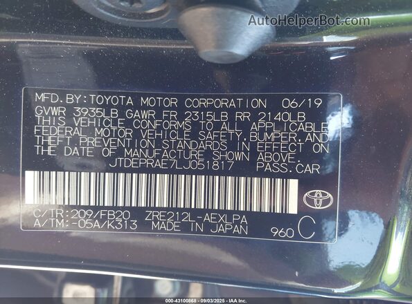 JTDEPRAE7LJ051817 2020 TOYOTA LL Black ძრავის განყოფილების ხედი