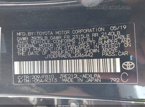 JTDEPRAE9LJ046442 2020 TOYOTA LL Black Engine compartment view