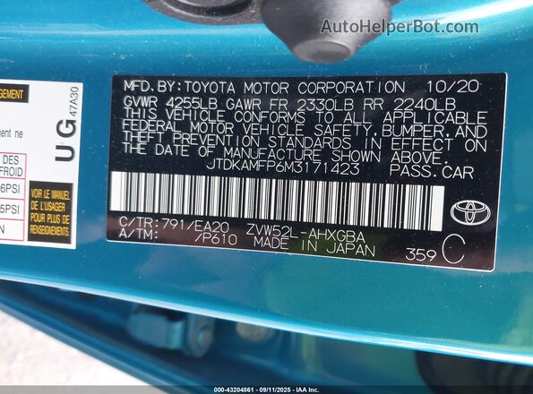 JTDKAMFP6M3171423 2021 TOYOTA LIMITED Blue Vista del compartimento del motor
