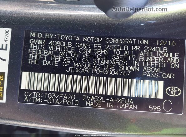 JTDKARFP0H3004767 2017 TOYOTA PRIUS PRIME Gray 