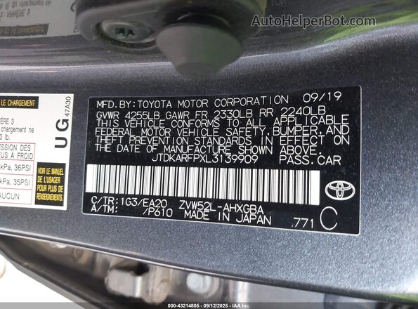 JTDKARFPXL3139909 2020 TOYOTA LIMITED Gray Շարժիչի բաժամունքի տեսք