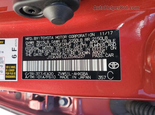 JTDKARFU2J3546237 2018 TOYOTA PRIUS Red 