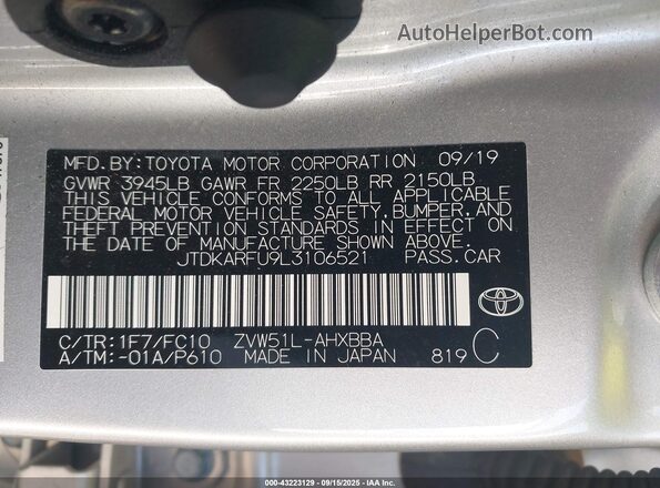 JTDKARFU9L3106521 2020 TOYOTA PRIUS Silver 