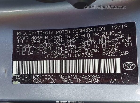 JTDS4RCE1LJ047786 2020 TOYOTA LL Gray Engine compartment view