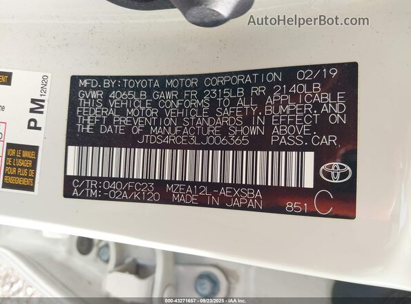 JTDS4RCE3LJ006365 2020 TOYOTA LL White Շարժիչի բաժամունքի տեսք