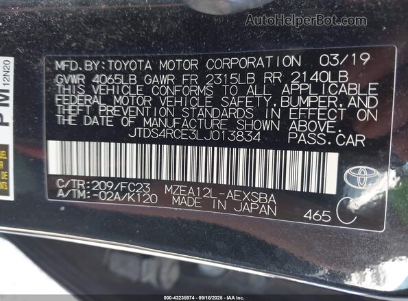 JTDS4RCE3LJ013834 2020 TOYOTA LL Black ძრავის განყოფილების ხედი