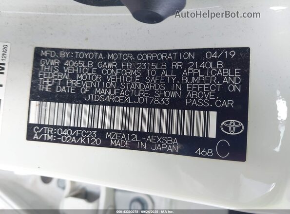 JTDS4RCEXLJ017833 2020 TOYOTA LL White Շարժիչի բաժամունքի տեսք