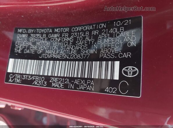 JTDVPMAE5NJ208377 2022 TOYOTA LL Красный Вид подкапотного пространства