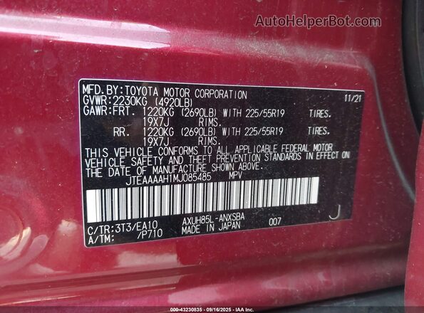 JTEAAAAH1MJ085485 2021 TOYOTA LIMITED Burgundy Vista del compartimento del motor