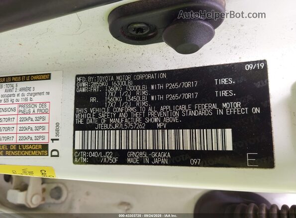 JTEBU5JR7L5757262 2020 TOYOTA 4RUNNER White Շարժիչի բաժամունքի տեսք