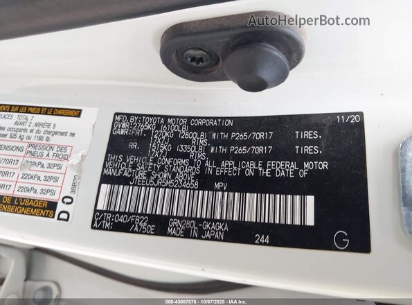 JTEEU5JR5M5234658 2021 TOYOTA 4RUNNER White Вид підкапотного простору