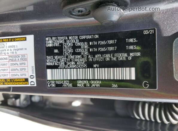 JTEFU5JR8M5242595 2021 TOYOTA 4RUNNER Gray Vista de la etiqueta del VIN