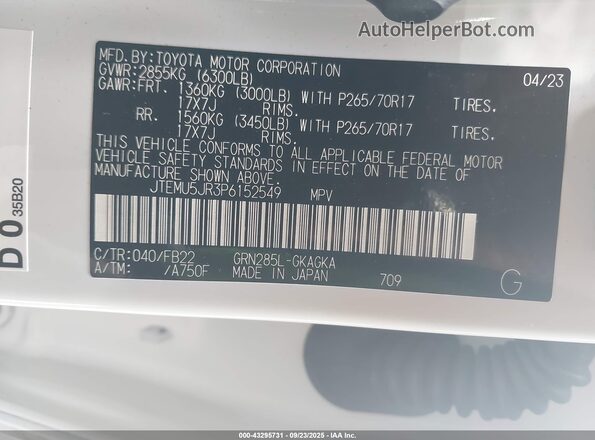 JTEMU5JR3P6152549 2023 TOYOTA 4RUNNER White Vista del compartimento del motor