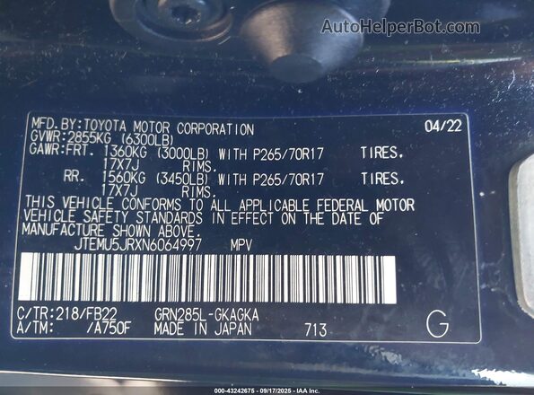 JTEMU5JRXN6064997 2022 TOYOTA 4RUNNER Black Widok komory silnika