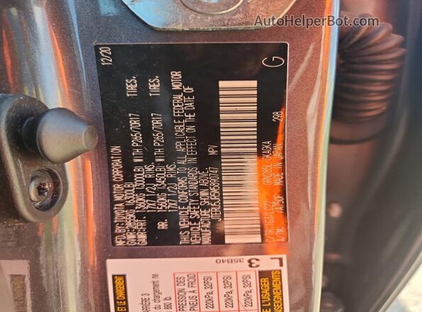 JTERU5JR5M5890747 2021 TOYOTA 4RUNNER Gray VIN კოდის სტიკერის ხედი