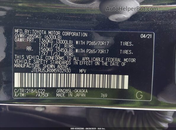 JTERU5JRXM5932930 2021 TOYOTA 4RUNNER Black Vista del compartimento del motor