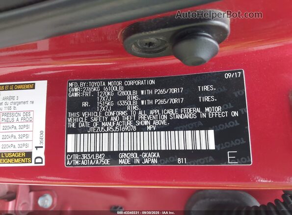JTEZU5JR5J5169078 2018 TOYOTA 4RUNNER Red 