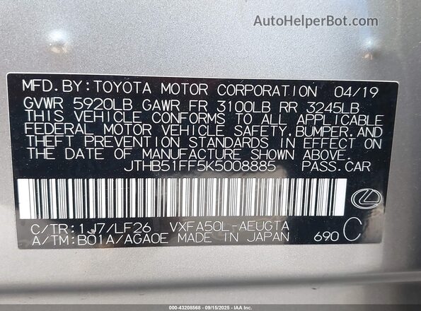 JTHB51FF5K5008885 2019 LEXUS LS 500 Silver Vista del compartimento del motor
