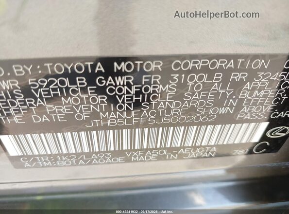 JTHB5LFF5J5002062 2018 LEXUS LS 500 Gray ძრავის განყოფილების ხედი