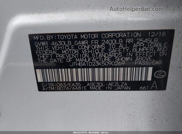 JTHBA1D23K5090269 2019 LEXUS IS 300 White Շարժիչի բաժամունքի տեսք