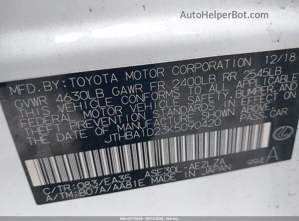 JTHBA1D23K5090420 2019 LEXUS IS 300 White Engine compartment view