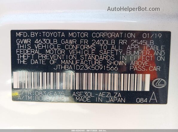 JTHBA1D23K5091566 2019 LEXUS IS White Շարժիչի բաժամունքի տեսք