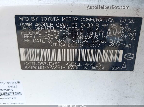 JTHGA1D27L5105377 2020 LEXUS IS 300 White Engine compartment view