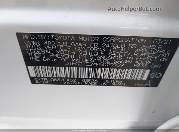 JTHGZ1E24M5020909 2021 LEXUS IS 350 White Engine compartment view