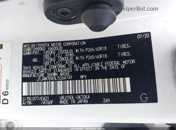 JTJAM7BX5L5264749 2020 LEXUS GX White Widok komory silnika