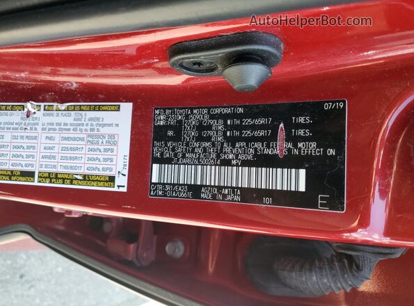 JTJDARBZ6L5002614 2020 LEXUS NX Red Vista de la etiqueta del VIN