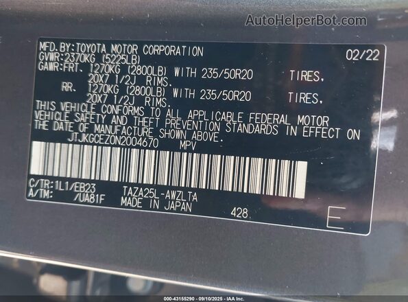 JTJKGCEZ0N2004670 2022 LEXUS NX Gray 