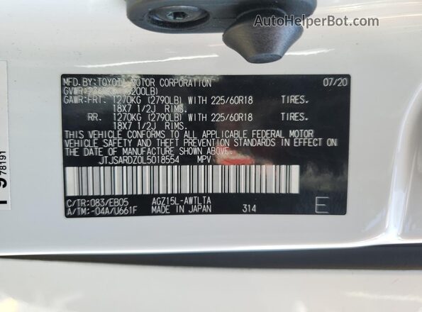 JTJSARDZ0L5018554 2020 LEXUS NX White Widok naklejki z numerem VIN