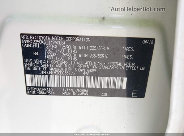 JTMDJREV2GD033723 2016 TOYOTA LIMITED White Vista del compartimento del motor