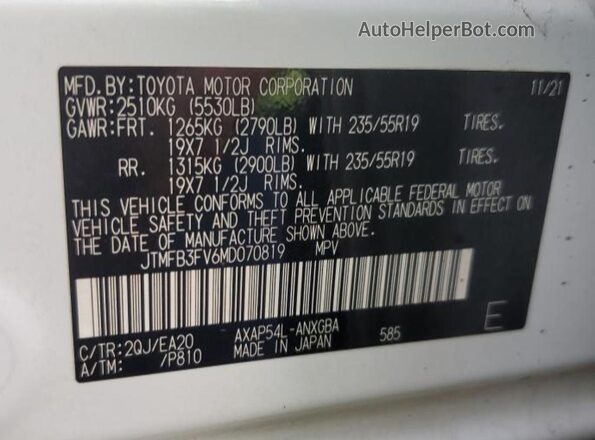 JTMFB3FV6MD070819 2021 TOYOTA RAV4 White Սալոնի 360 աստիճան տեսք