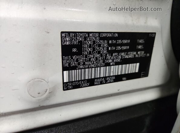 JTMN1RFV8MD078339 2021 TOYOTA LIMITED White VIN კოდის სტიკერის ხედი