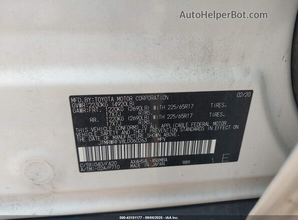JTMRWRFV8LD060263 2020 TOYOTA LE White ძრავის განყოფილების ხედი