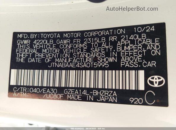 JTNABAAE4SA015995 2025 TOYOTA LL White Vista del compartimento del motor