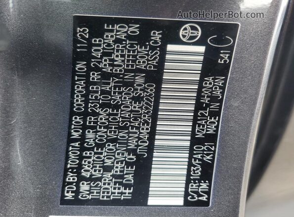 JTND4MBE2R3222360 2024 TOYOTA LL Silver Widok naklejki z numerem VIN