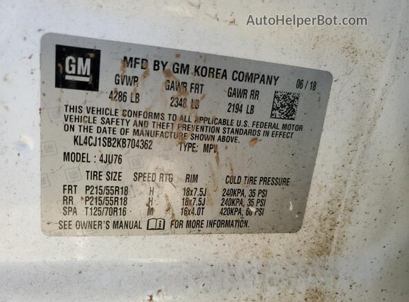 KL4CJ1SB2KB704362 2019 BUICK ENCORE White Vista de la etiqueta del VIN