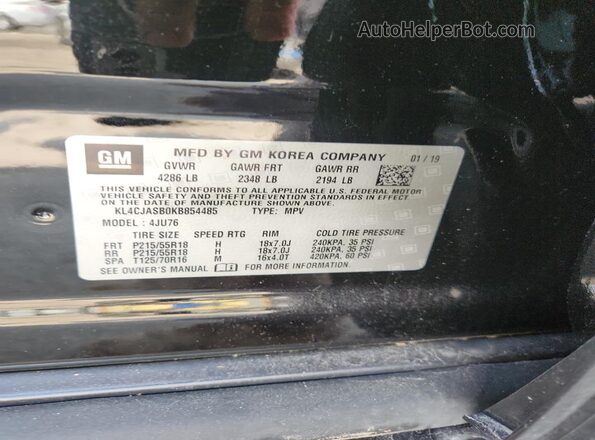 KL4CJASB0KB854485 2019 BUICK ENCORE Black Widok naklejki z numerem VIN