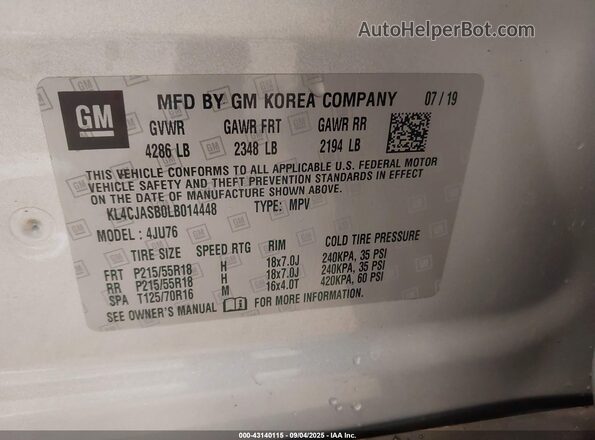 KL4CJASB0LB014448 2020 BUICK ENCORE Серебряный Вид подкапотного пространства