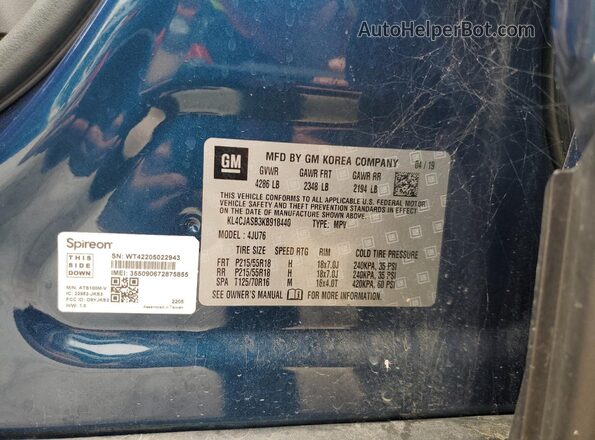 KL4CJASB3KB918440 2019 BUICK ENCORE Blue Widok naklejki z numerem VIN