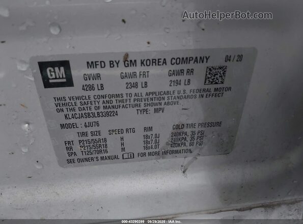 KL4CJASB3LB339224 2020 BUICK ENCORE Silver Вид підкапотного простору